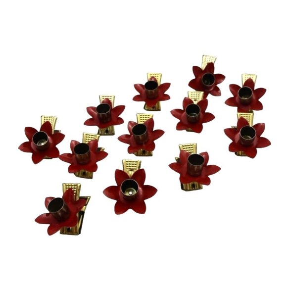 12 Vintage Red Pointsettia Flower Metal Candle Clips Christmas Tree Decoration - Picture 6 of 10